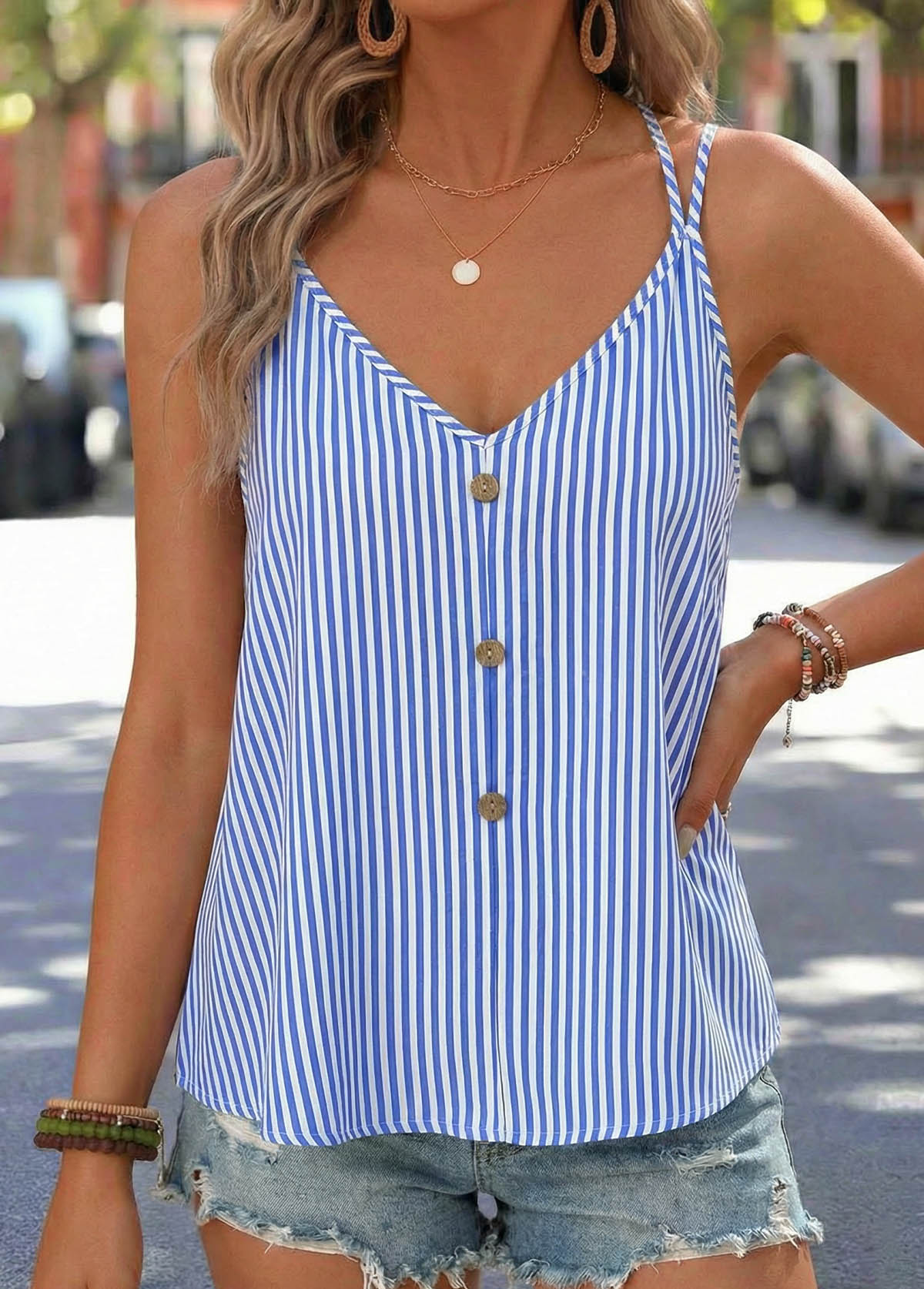 Blue Striped Tummy Coverage Strappy V Neck Camisole Top | picture 