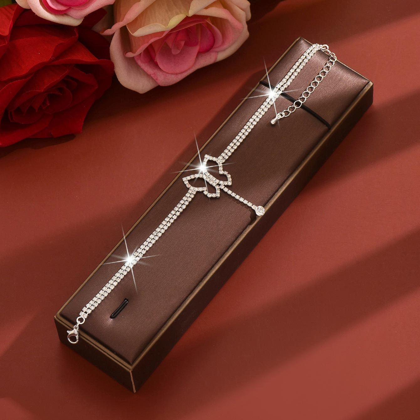 Rhinestone Detail Silver Butterfly Copper Anklet | picture 