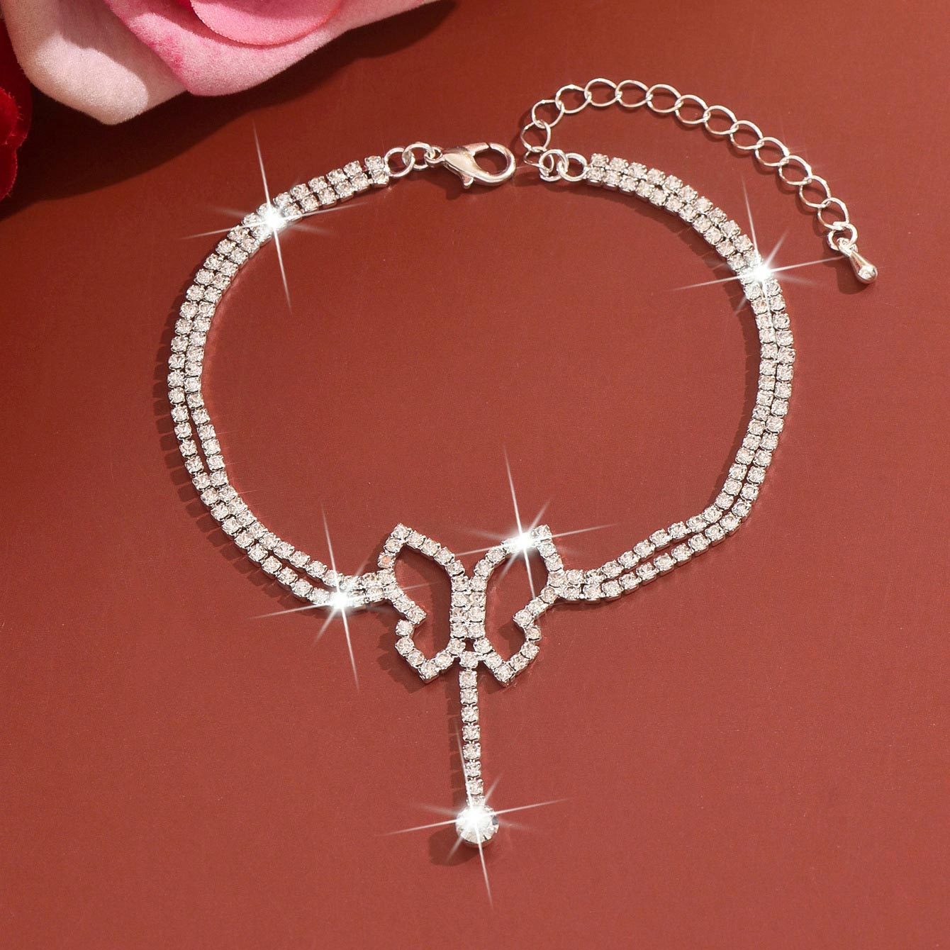 Rhinestone Detail Silver Butterfly Copper Anklet | picture 