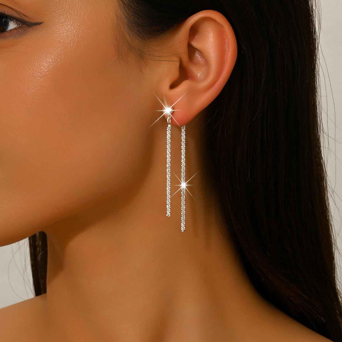 Silver Color Copper Detail Rhinestones Earrings | picture 