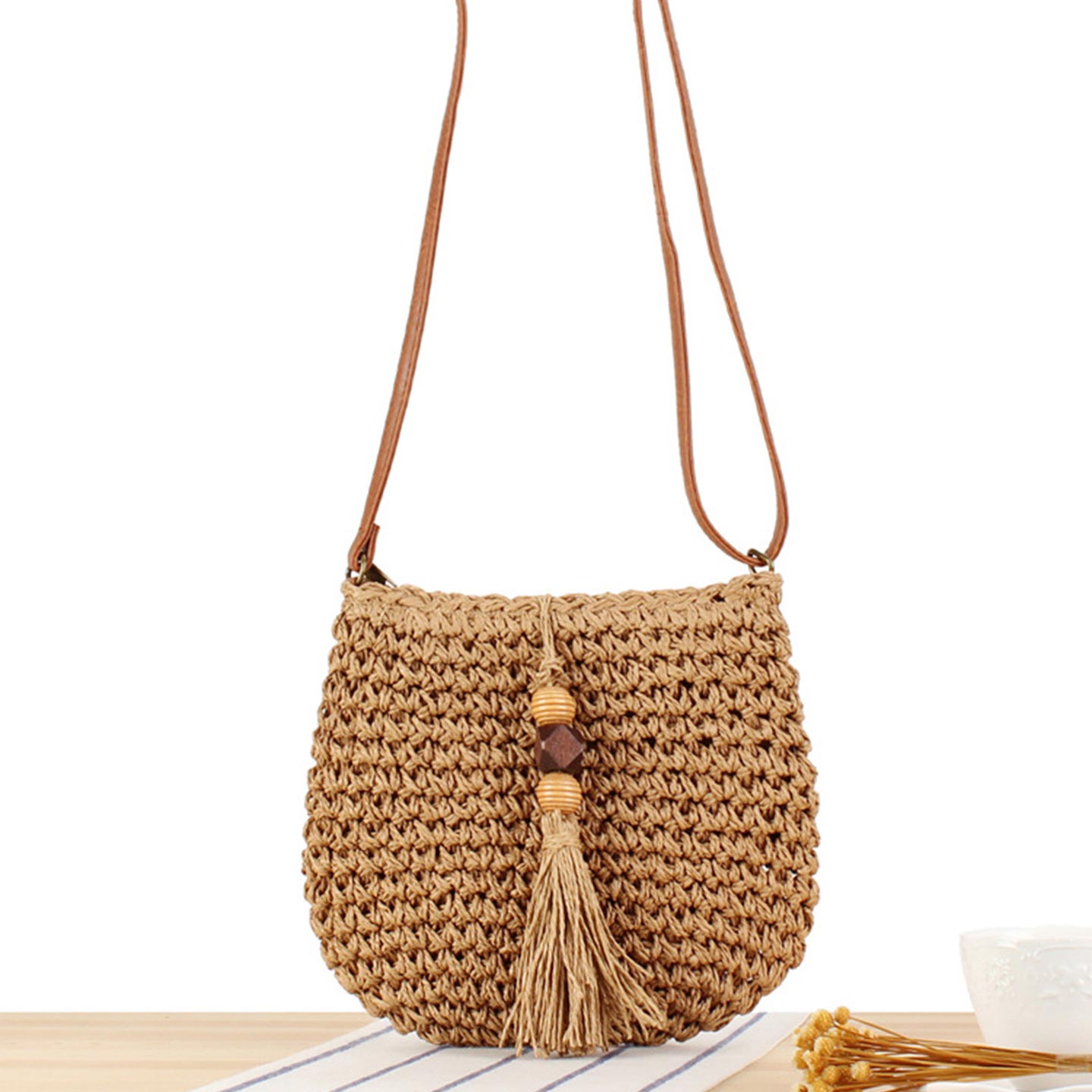 Dark Camel Zip Tassel Crossbody Bag | picture 