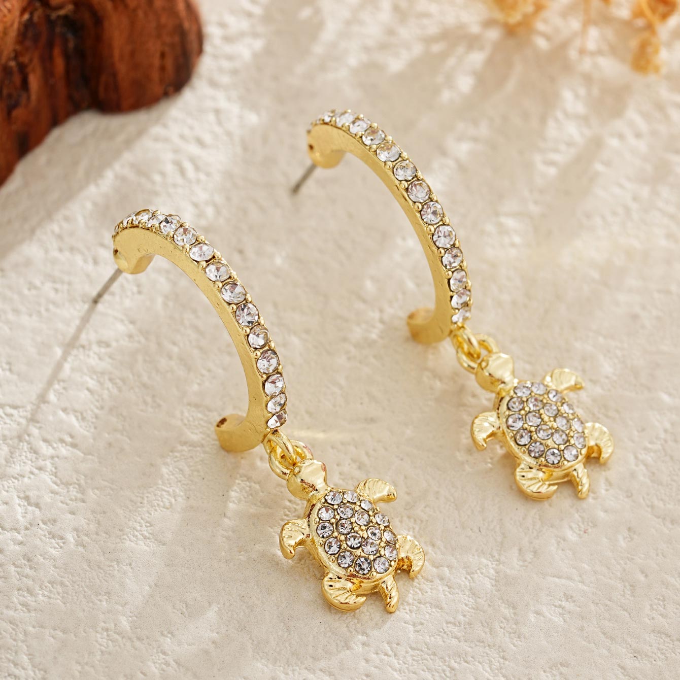 Golden Turtle Alloy Rhinestone Detail Earrings | picture 