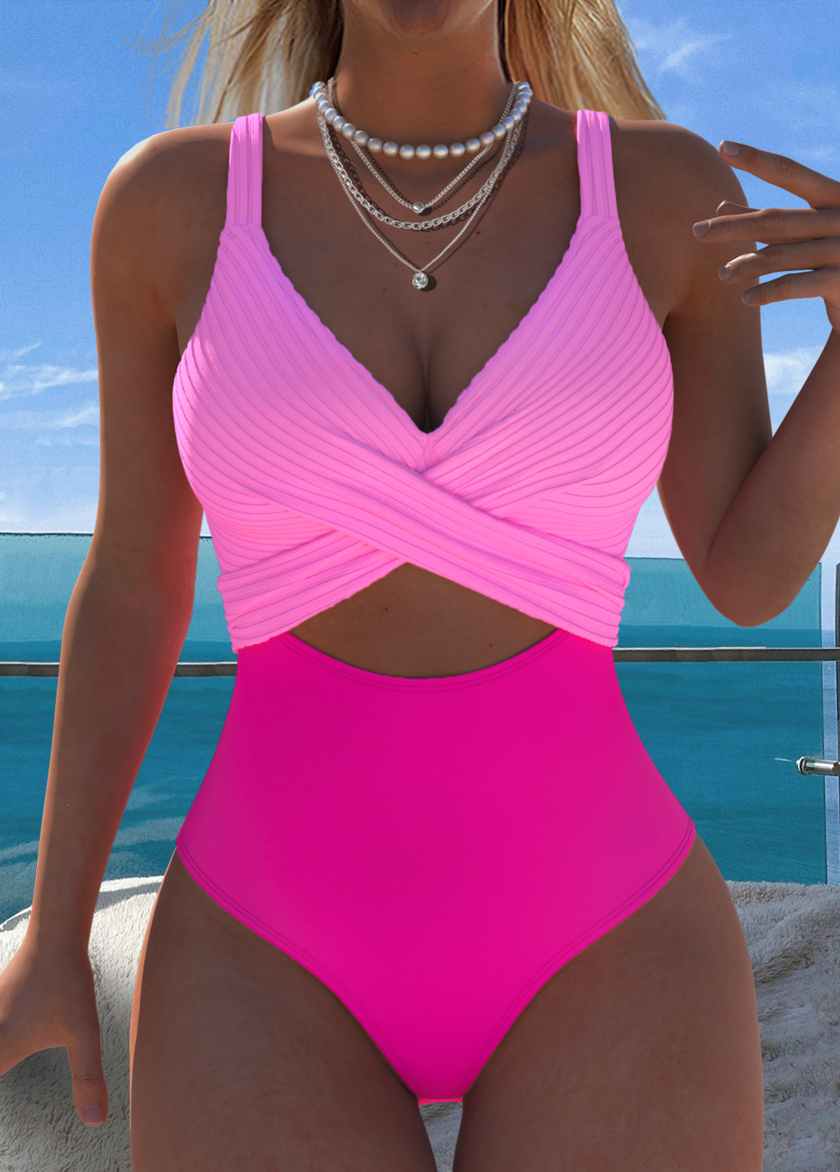 Hot Pink Patchwork One Piece Swimwear | picture 