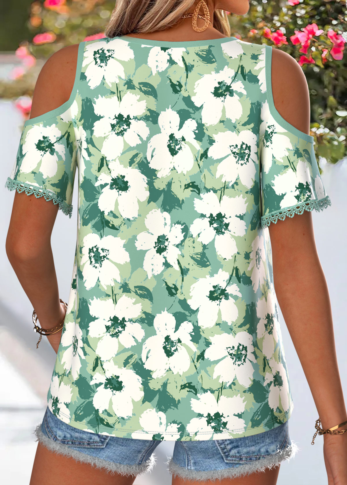 Green Floral Print Cut Out Short Sleeve T Shirt | picture 