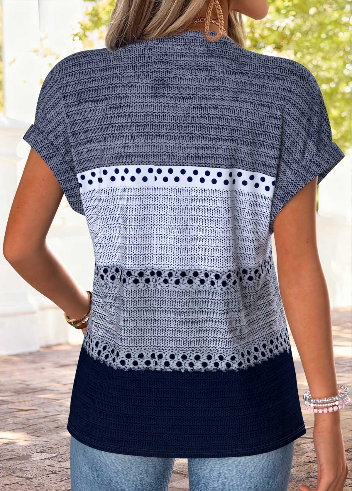 Blue Striped Short Sleeve Split Neck T Shirt | picture 