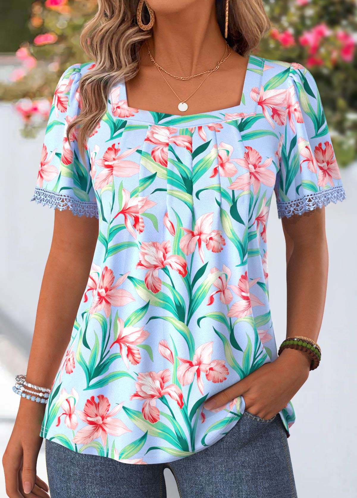 Blue Floral Print Pleated Short Sleeve T Shirt | picture 