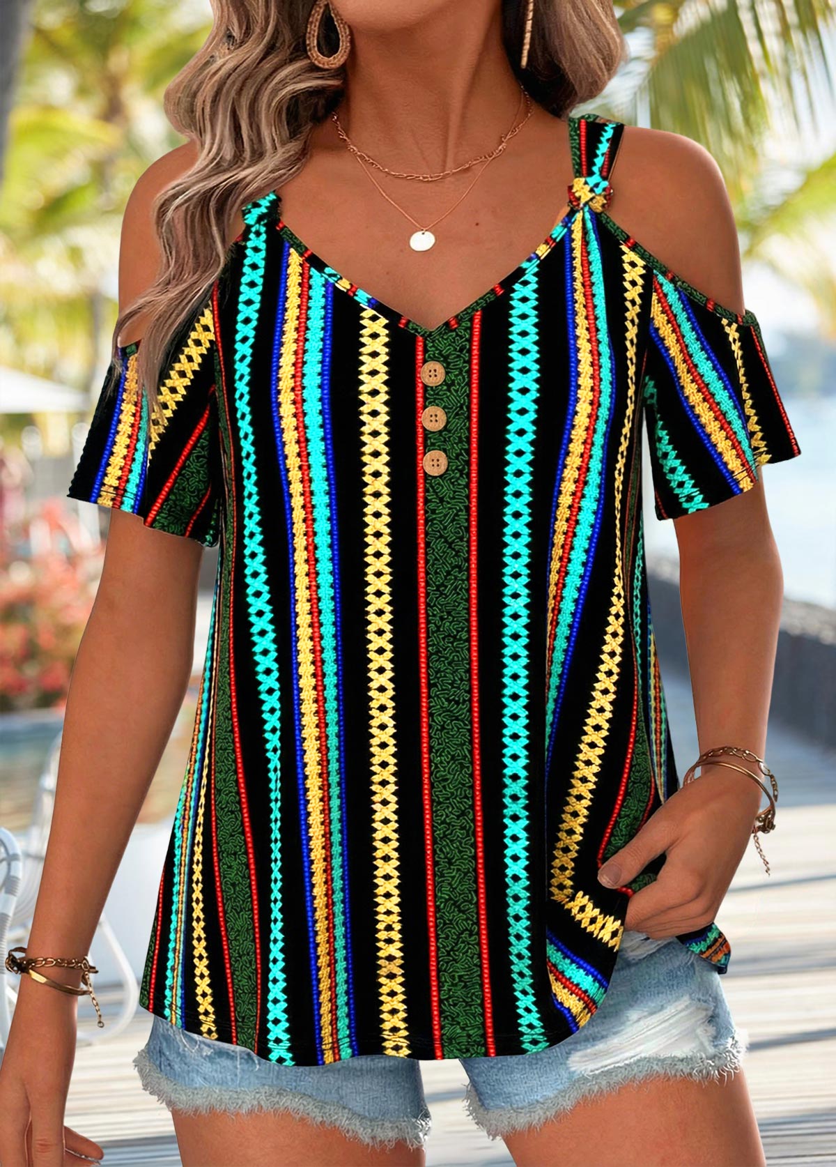 Multi Color Geometric Print Twist Short Sleeve T Shirt | picture 