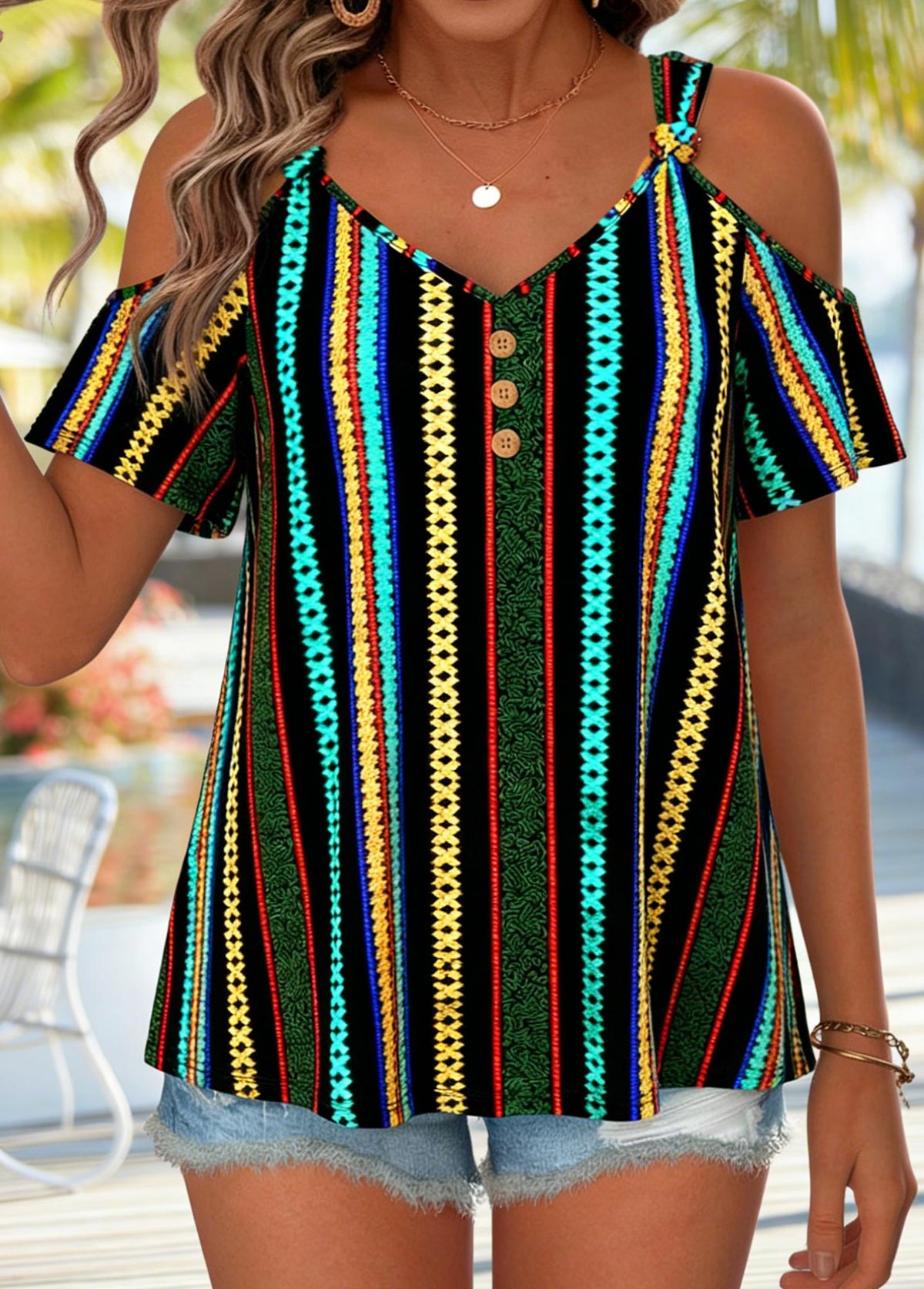 Multi Color Geometric Print Twist Short Sleeve T Shirt | picture 