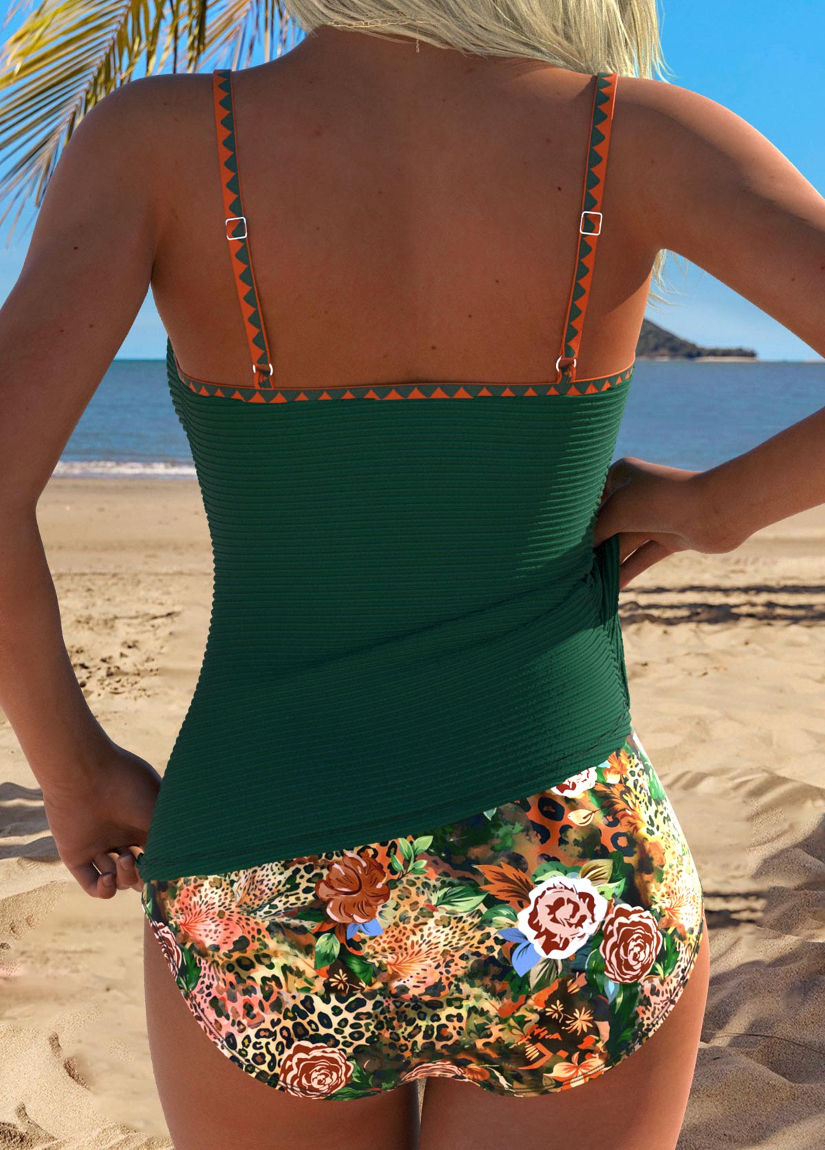 Blackish Green Mid Waisted Wrap Floral Print Tankini Set | picture 