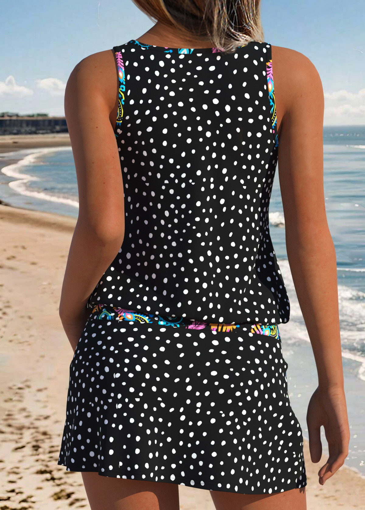 Navy Mid Waisted Two-piece Polka Dot Tankini Set | picture 