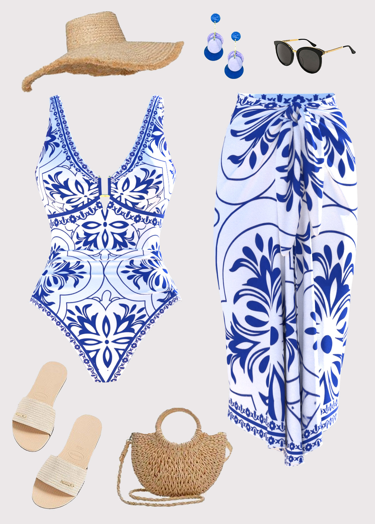 White Two-piece Floral Print One Piece Swimwear and Sarong | picture 