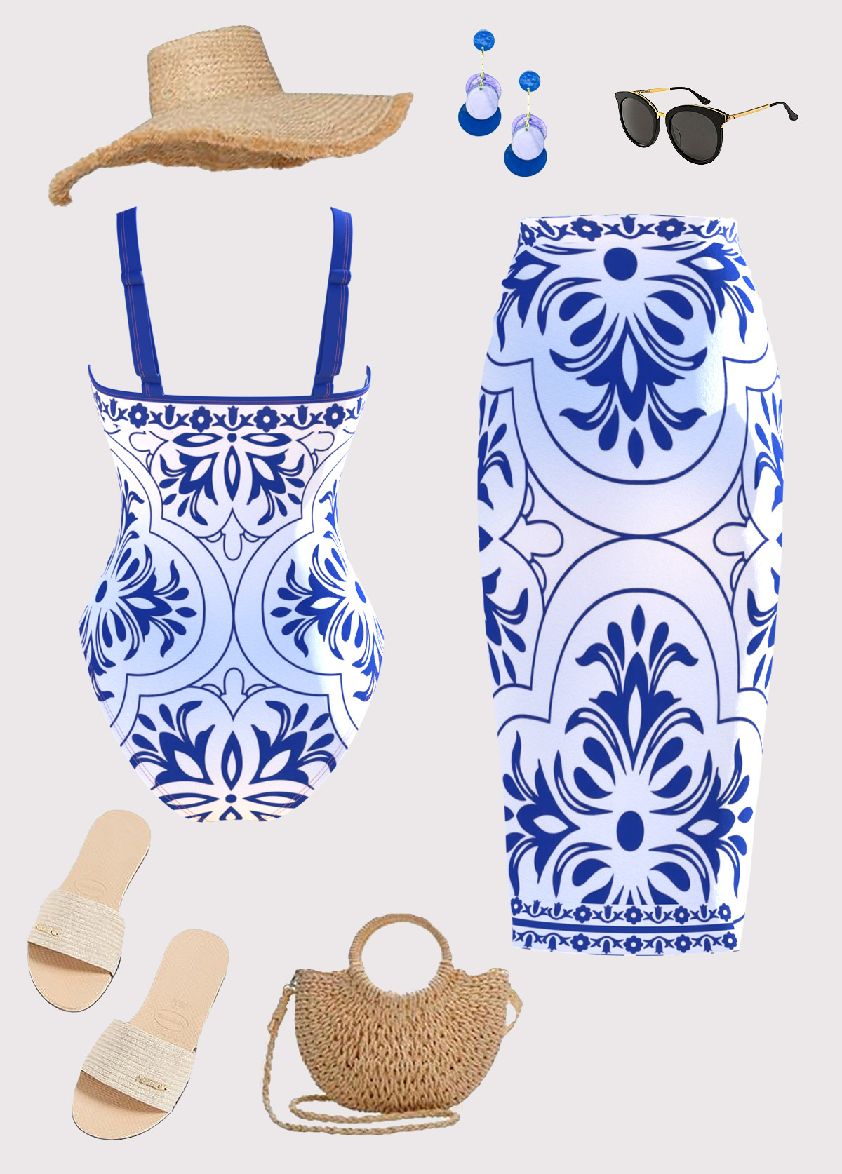 White Two-piece Floral Print One Piece Swimwear and Sarong | picture 