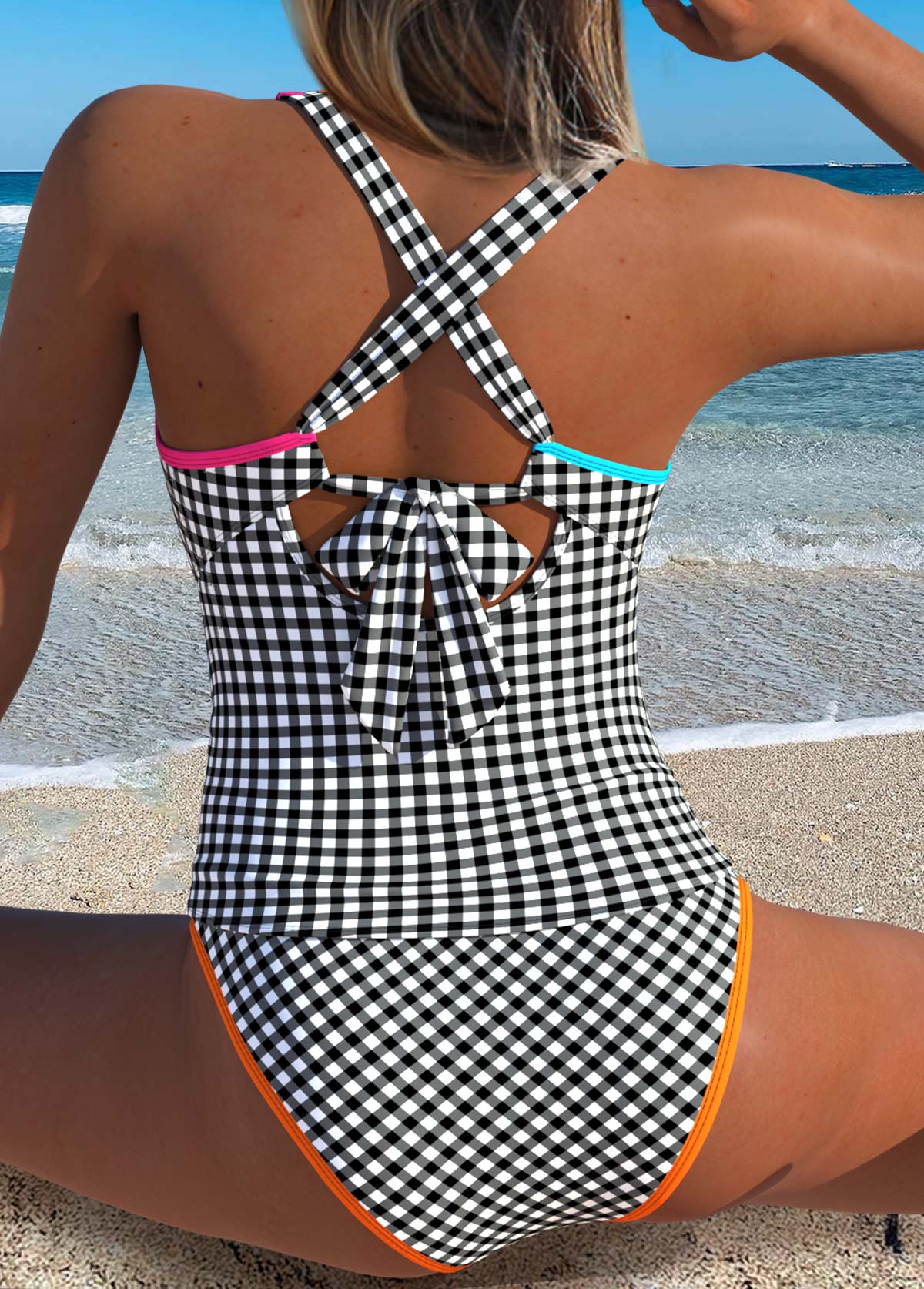 Black Mid Waisted Patchwork Gingham Print Tankini Set | picture 