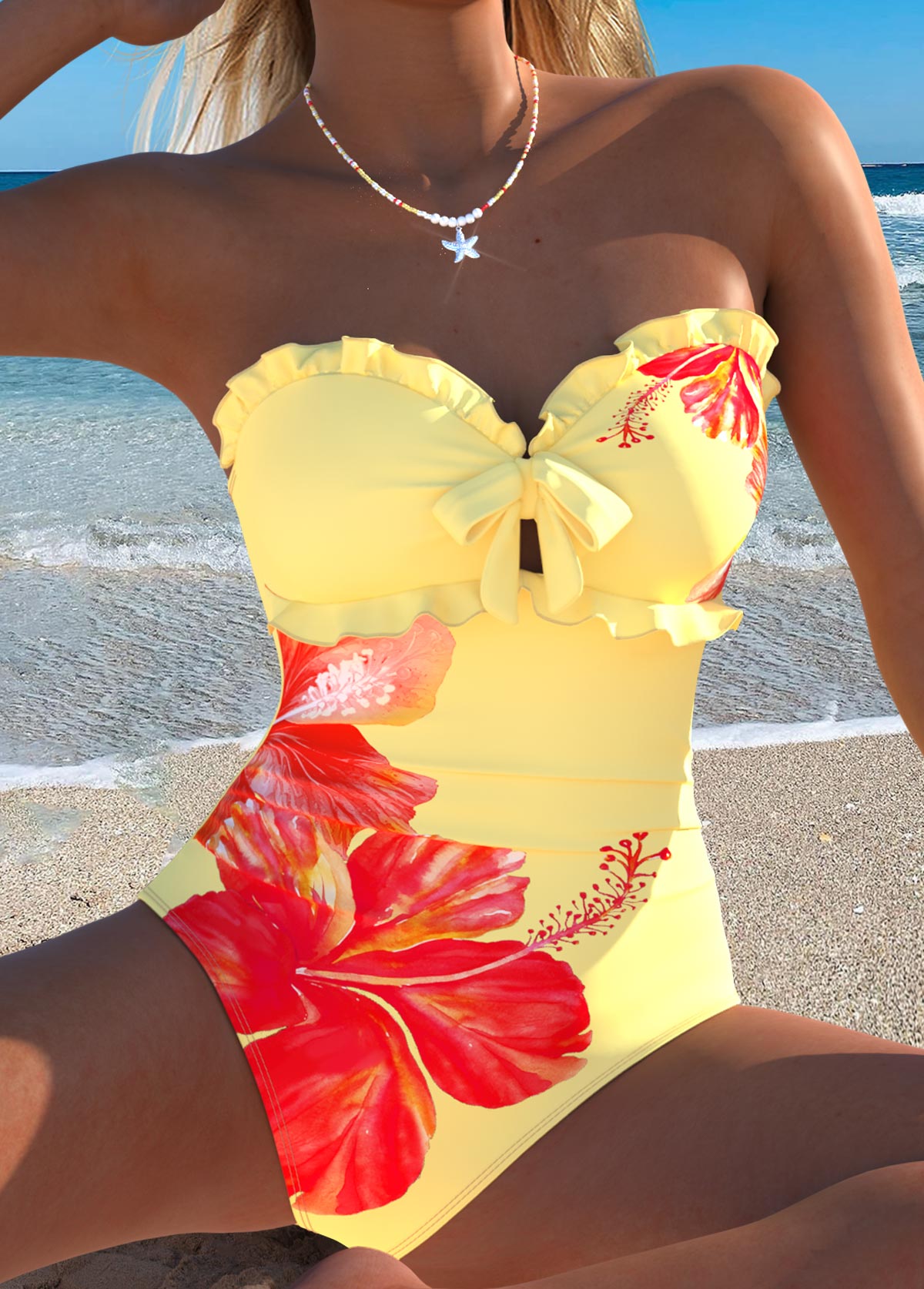 Light Yellow Cut Out Floral Print One Piece Swimwear | picture 