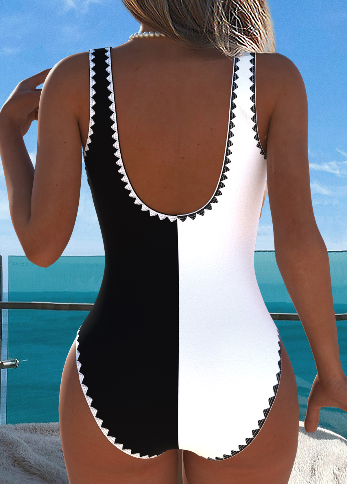 Black Patchwork V-Neck One Piece Swimwear | picture 