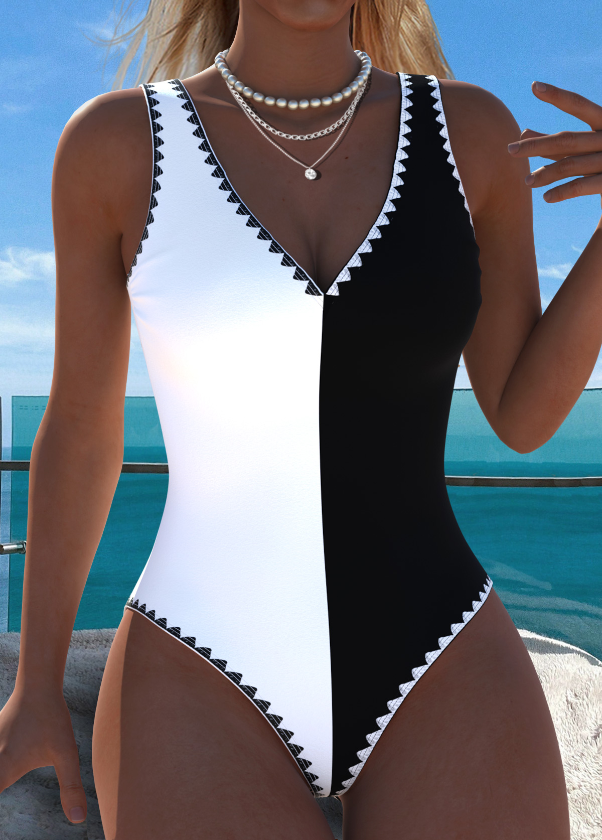 Black Patchwork V-Neck One Piece Swimwear | picture 