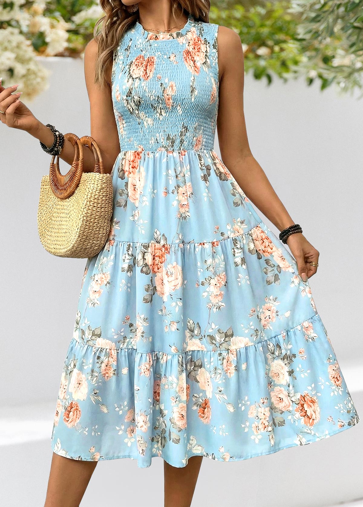 Light Blue Floral Print Smocked Sleeveless Dress | picture 