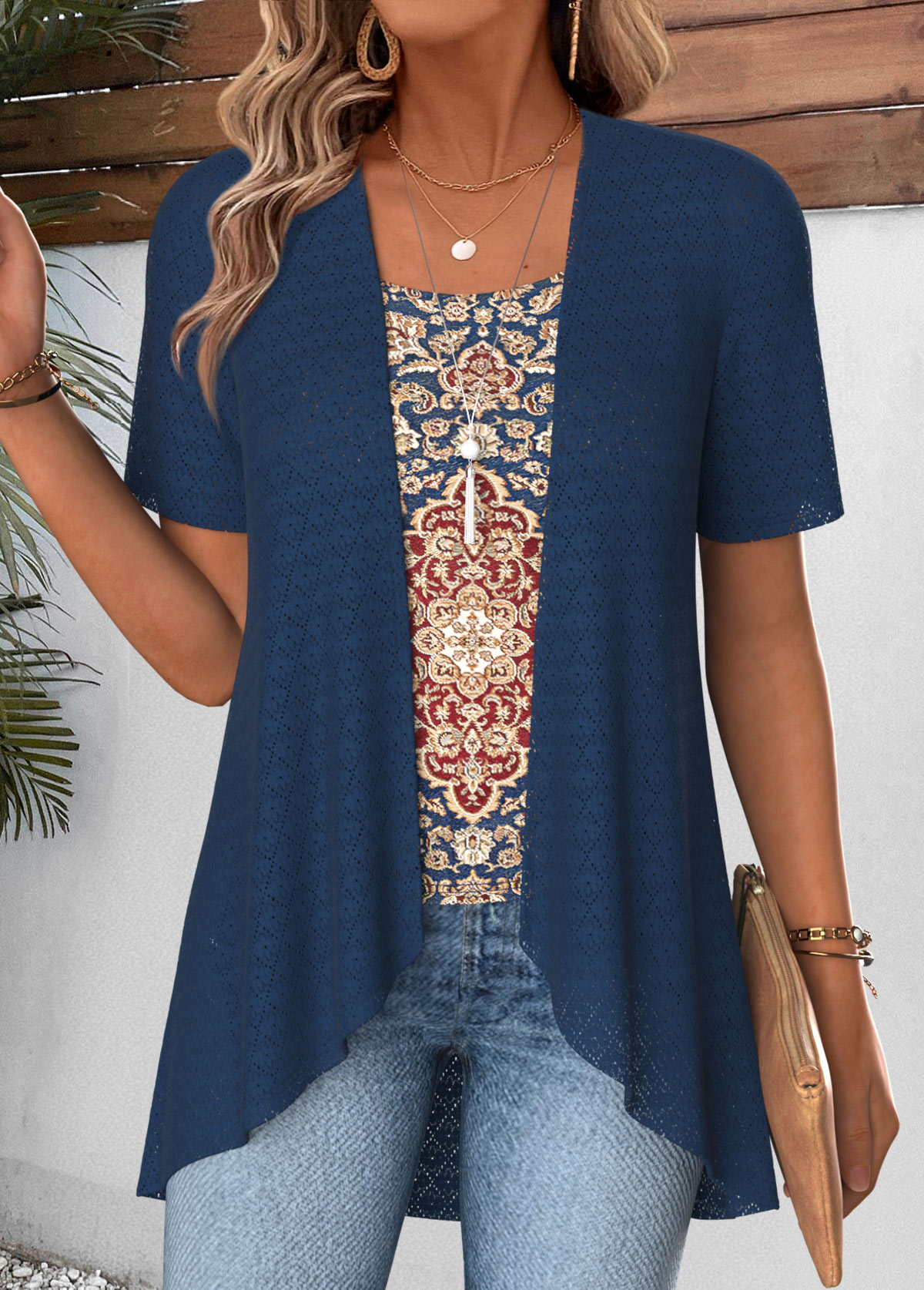 Navy Tribal Print Short Sleeve Fake Two Piece Twinset | picture 