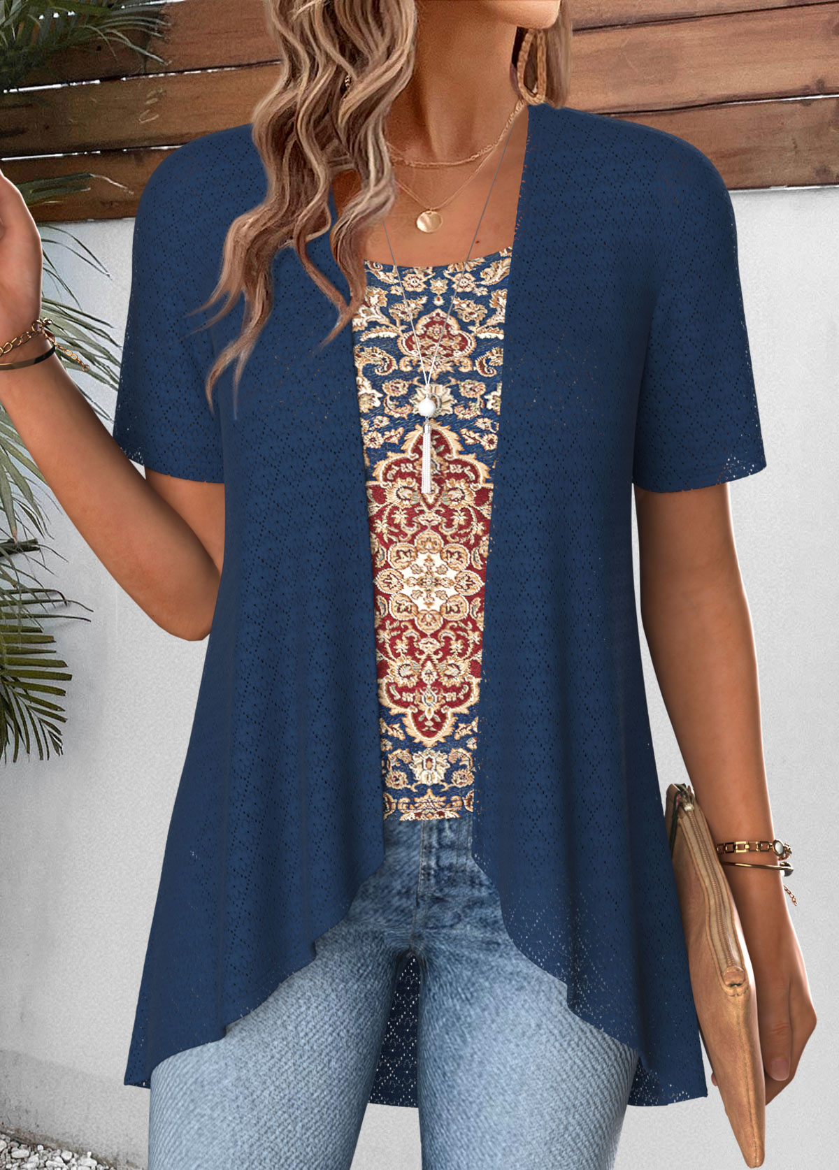 Navy Tribal Print Short Sleeve Fake Two Piece Twinset | picture 