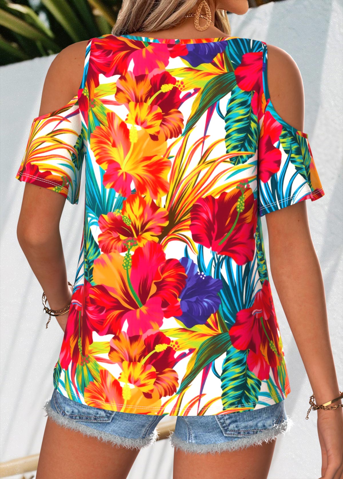 Multi Color Floral Print Twist Short Sleeve T Shirt | picture 