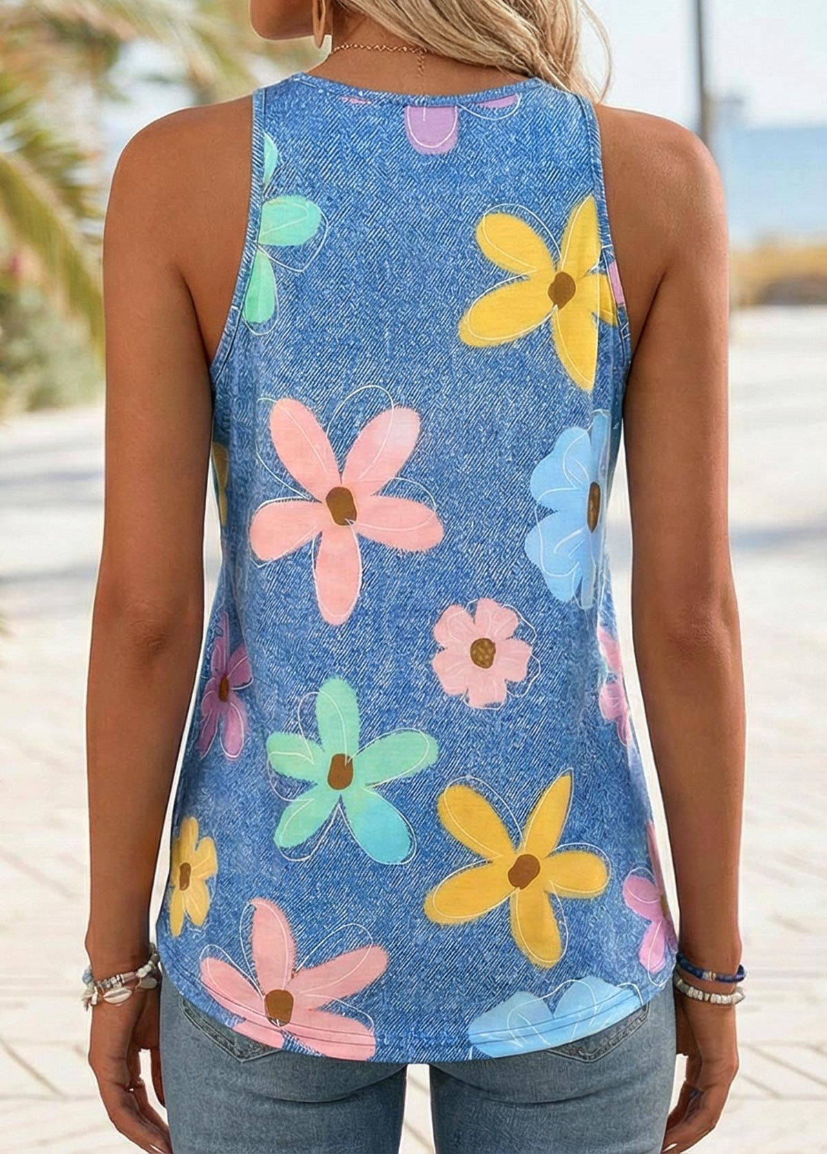 Denim Blue Floral Print Curved Hem Sleeveless Tank Top | picture 