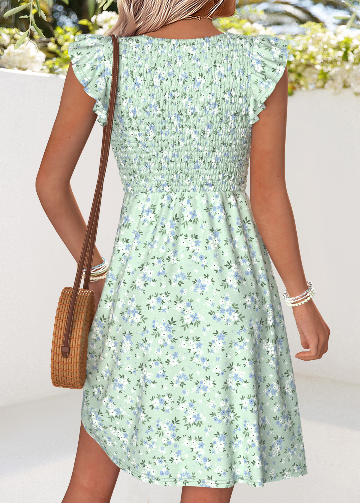 Light Green Ditsy Floral Print Short Ruffle Dress | picture 