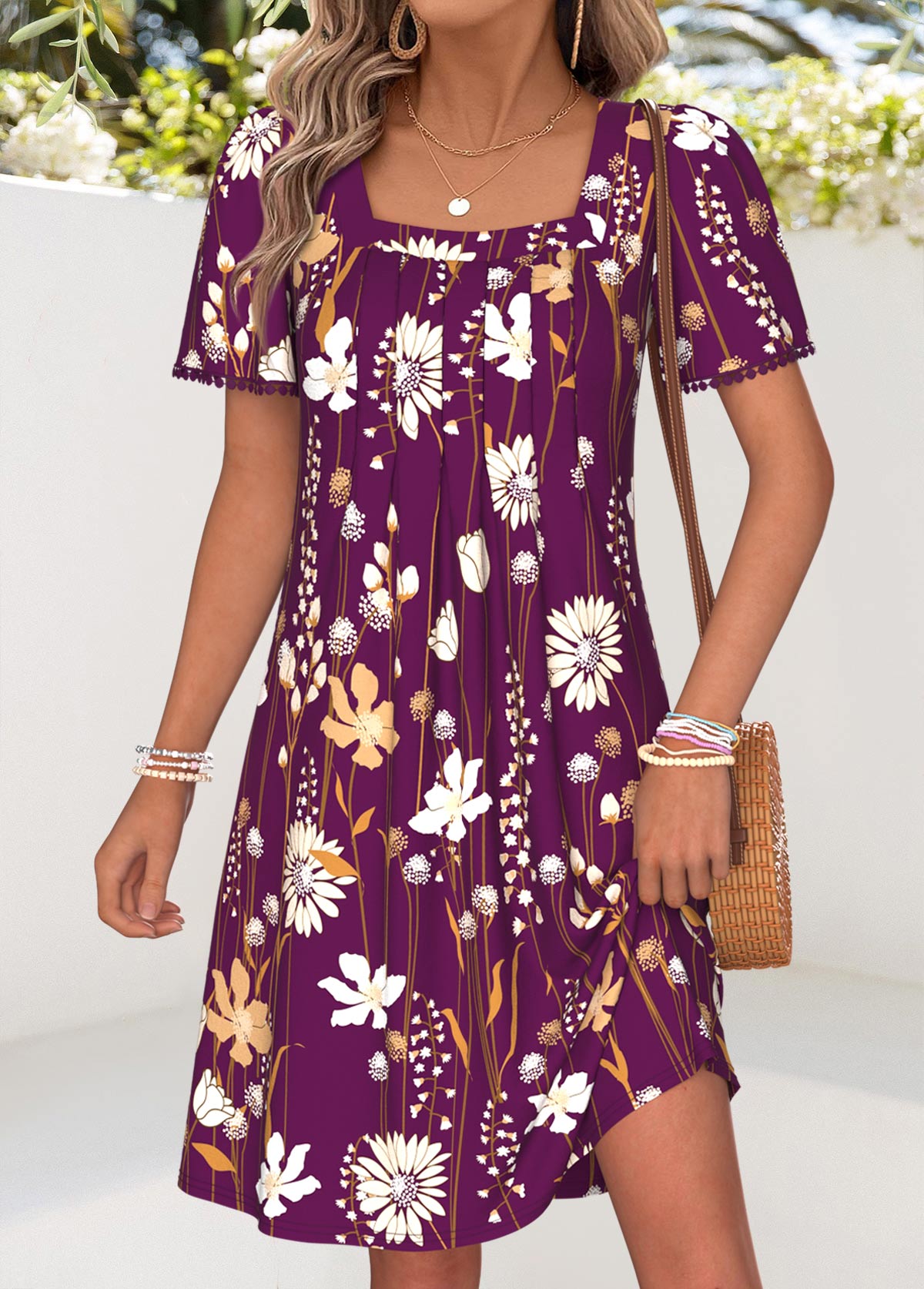 Dark Reddish Purple Floral Print Short Tummy Coverage Dress | picture 