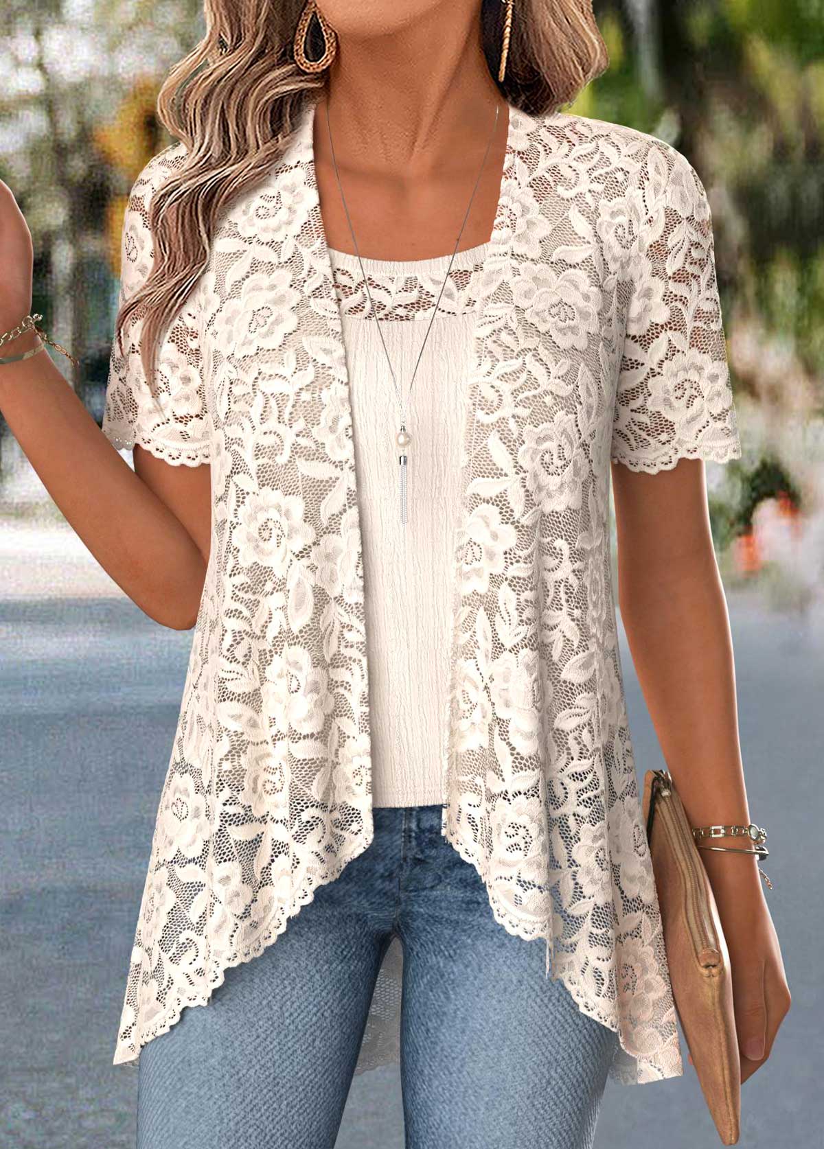Beige Two-piece Short Sleeve Cardigan and Tank Top | picture 