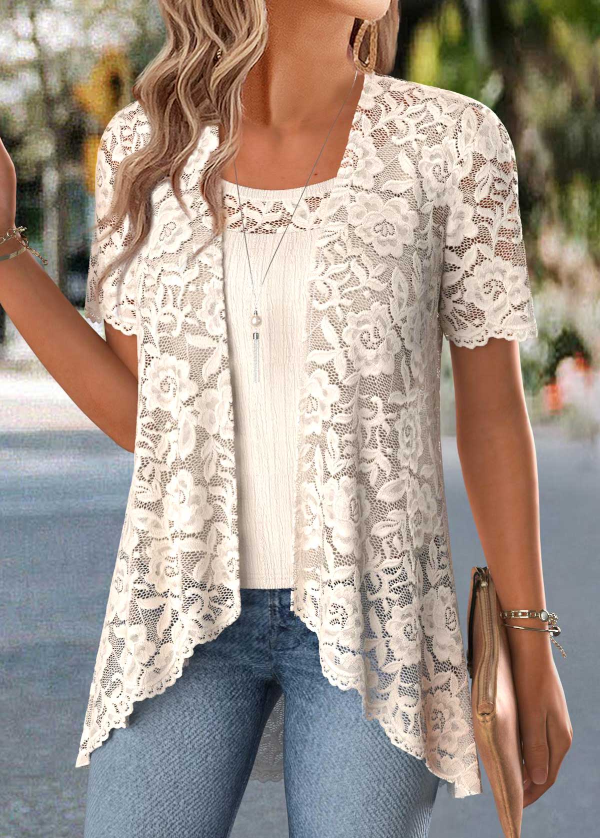 Beige Two-piece Short Sleeve Cardigan and Tank Top | picture 