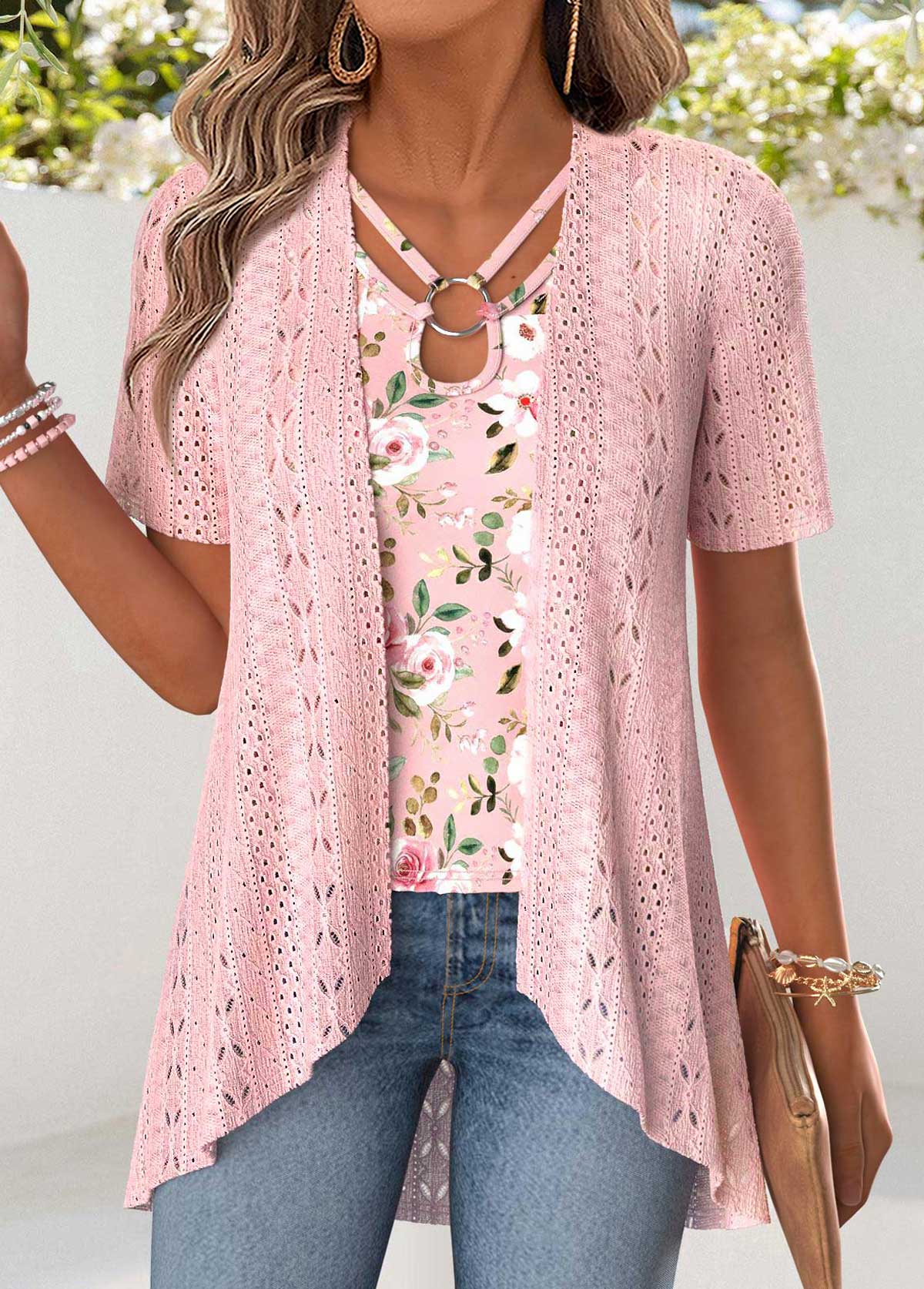 Light Pink Floral Print Fake Two Piece Twinset | picture 