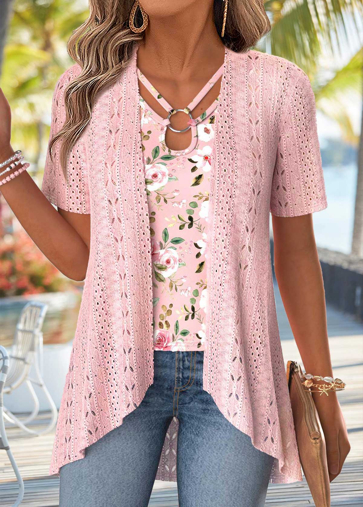 Light Pink Floral Print Fake Two Piece Twinset | picture 