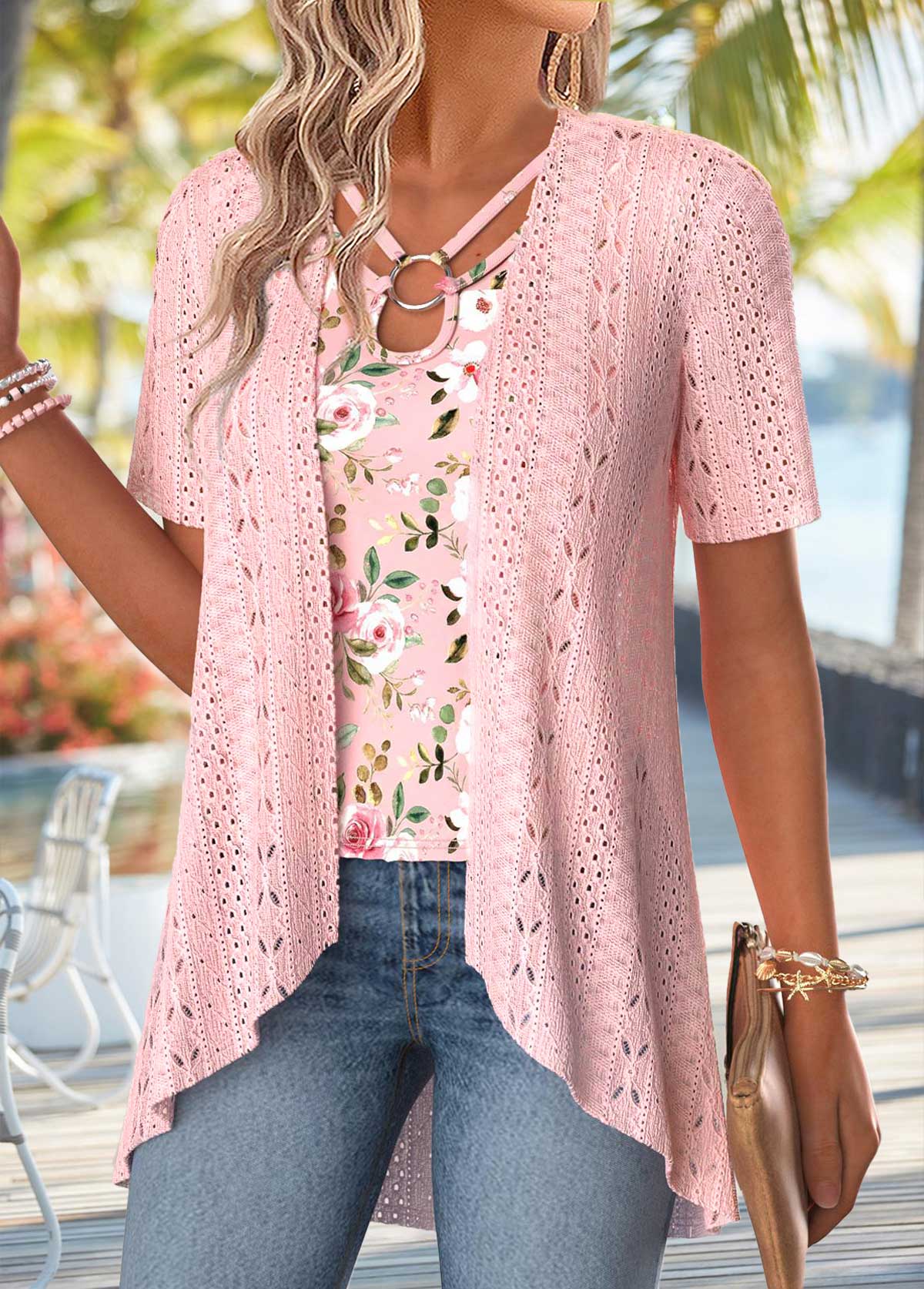 Light Pink Floral Print Fake Two Piece Twinset | picture 