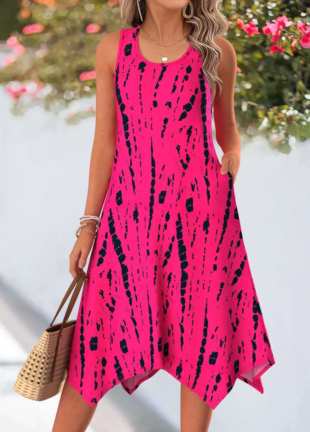 Hot Pink Tie Dye Print Double Side Pockets Dress | picture 