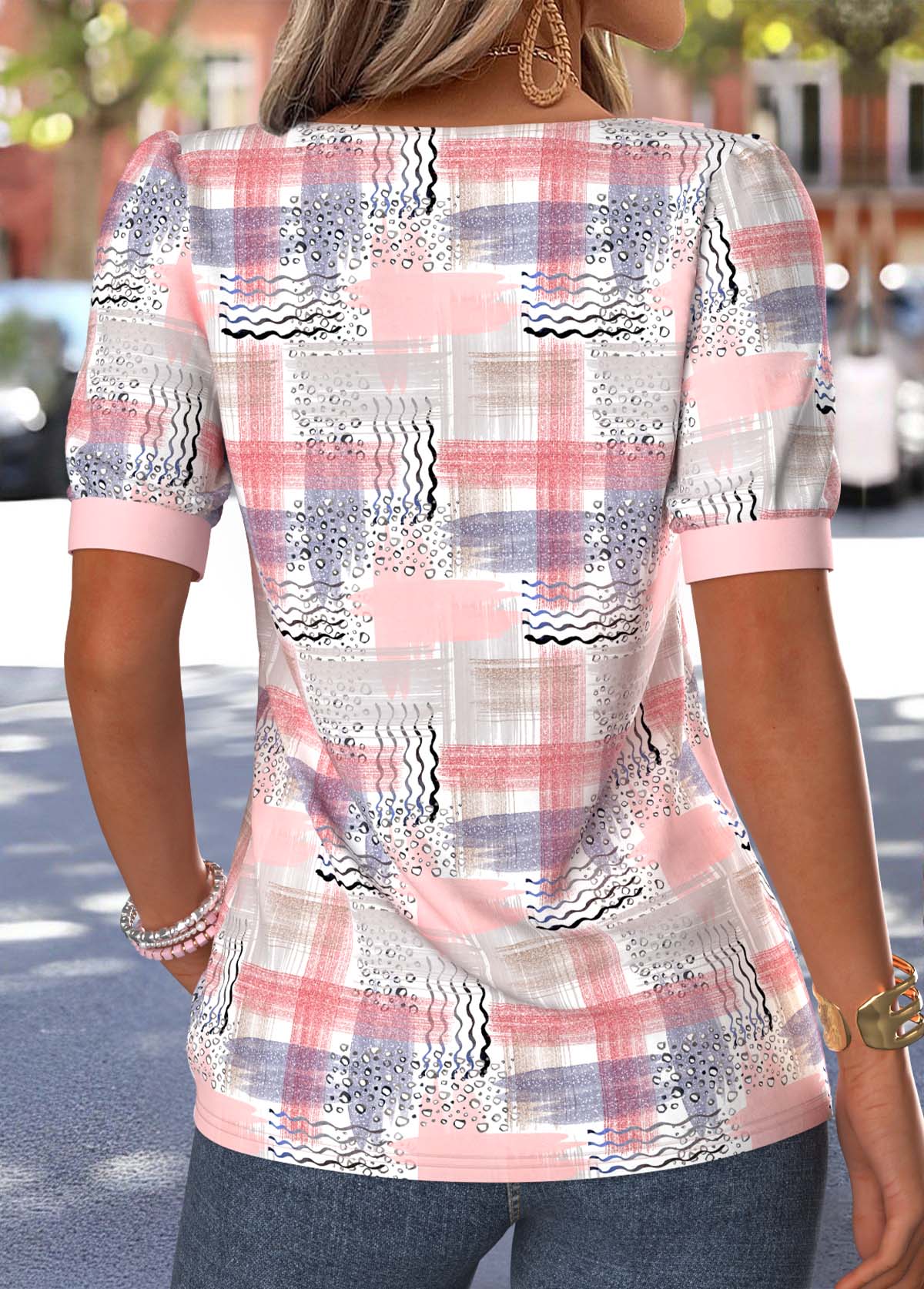 Pink Geometric Print Tummy Coverage Short Sleeve T Shirt | picture 