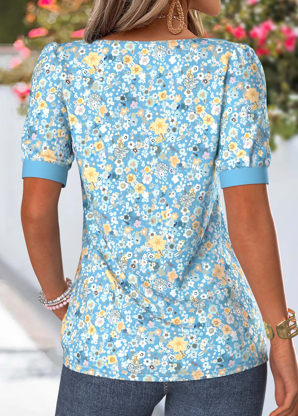 Light Blue Ditsy Floral Print Tummy Coverage T Shirt | picture 