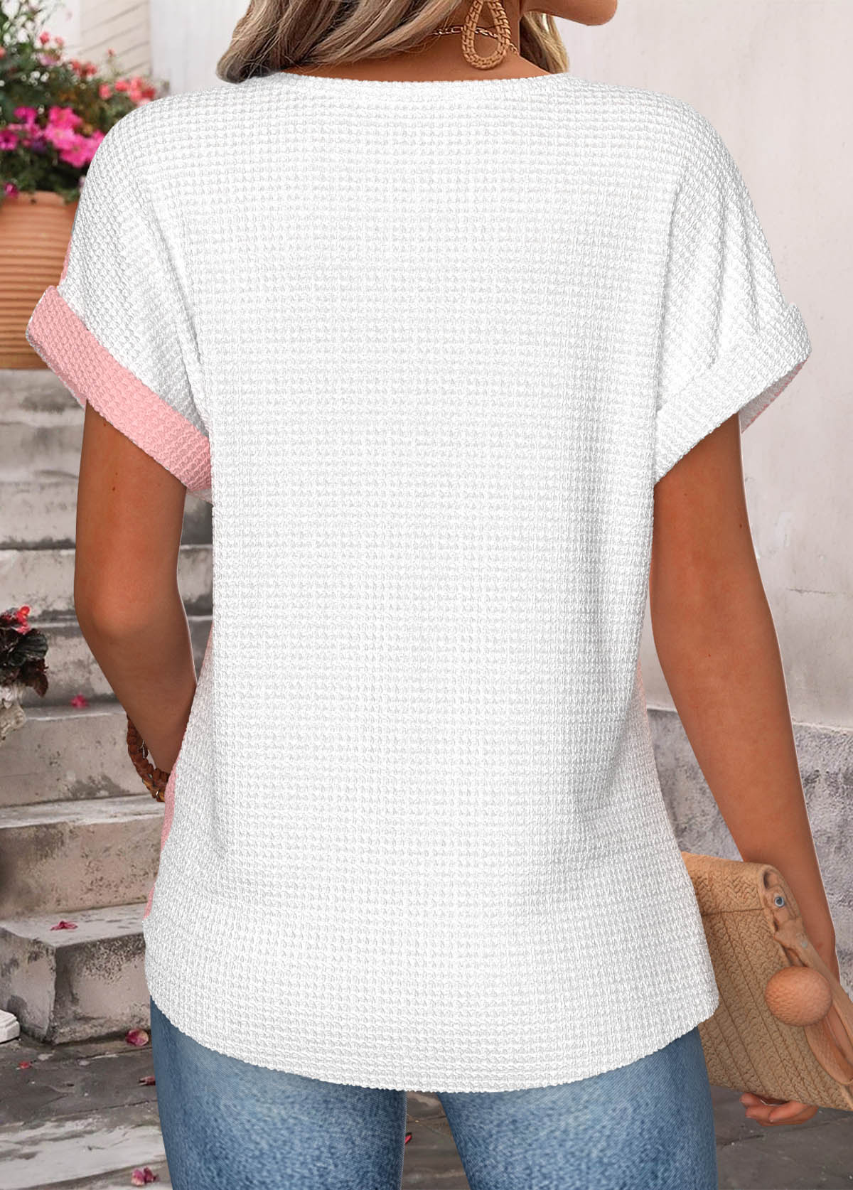 Light Pink Patchwork Short Sleeve V Neck T Shirt | picture 