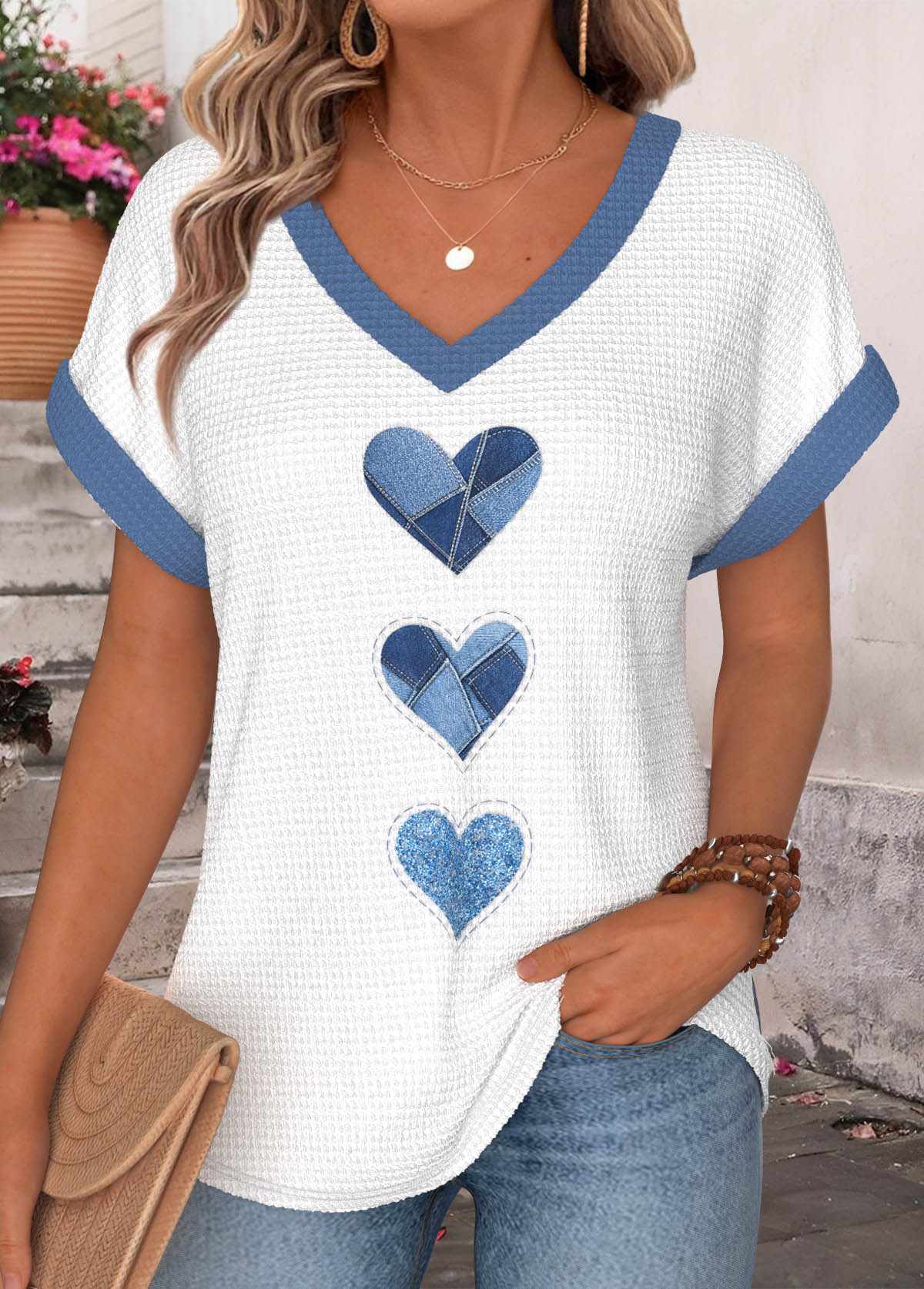 Denim Blue Heart Print Patchwork Short Sleeve T Shirt | picture 