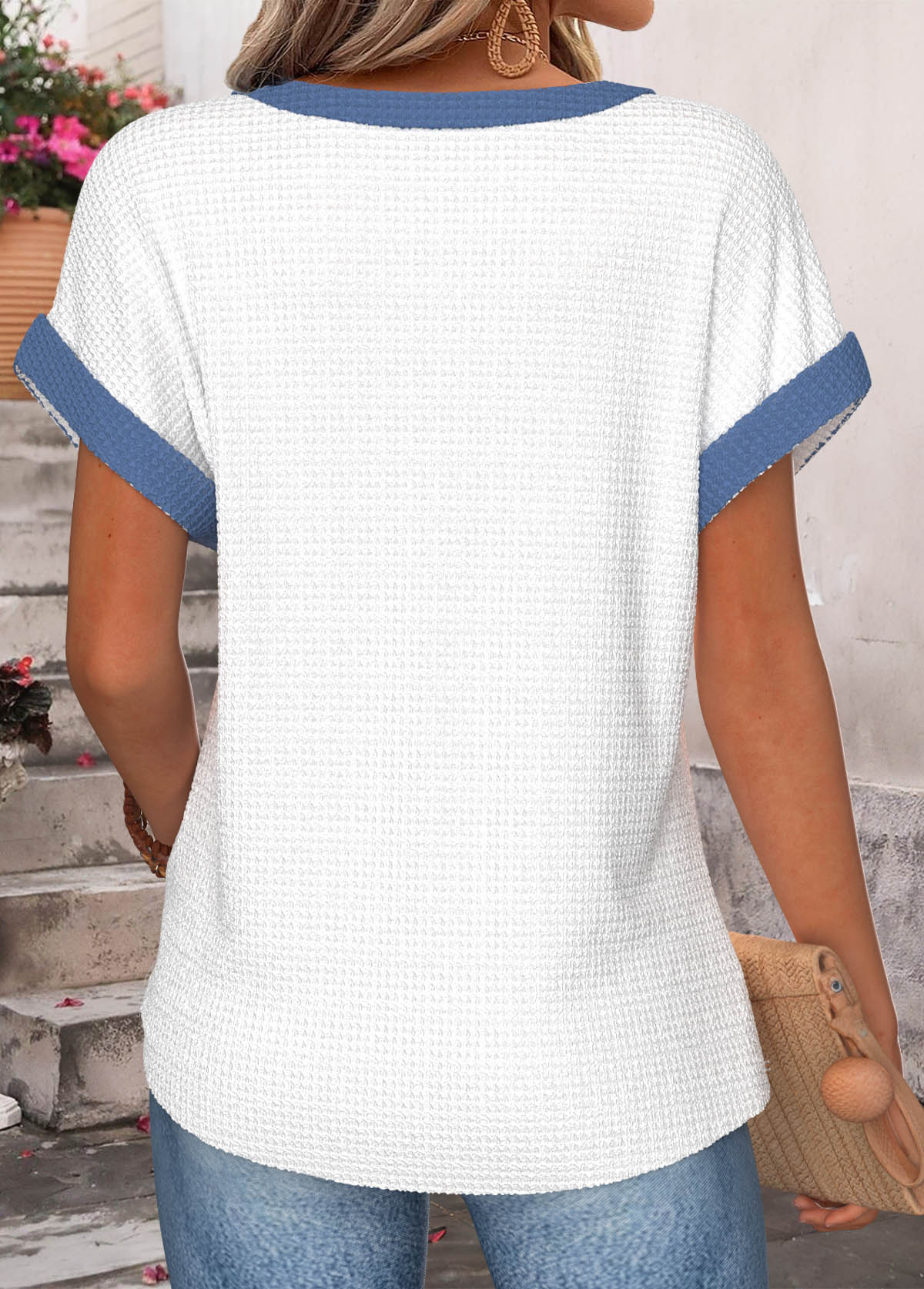 Denim Blue Heart Print Patchwork Short Sleeve T Shirt | picture 