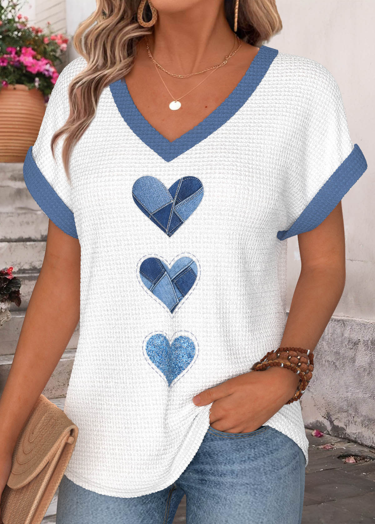 Denim Blue Heart Print Patchwork Short Sleeve T Shirt | picture 