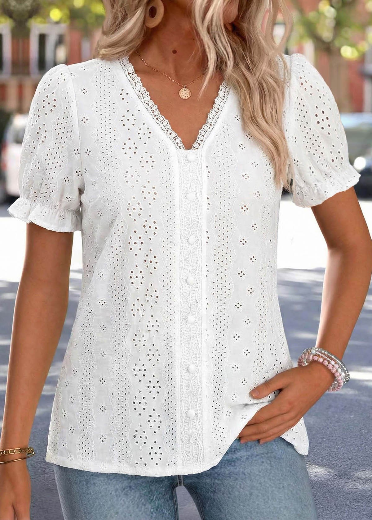 White Patchwork Short Sleeve V Neck T Shirt | picture 