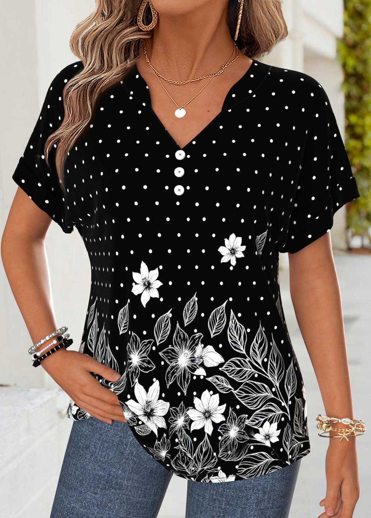 Black Floral Print Tummy Coverage Short Sleeve T Shirt | picture 