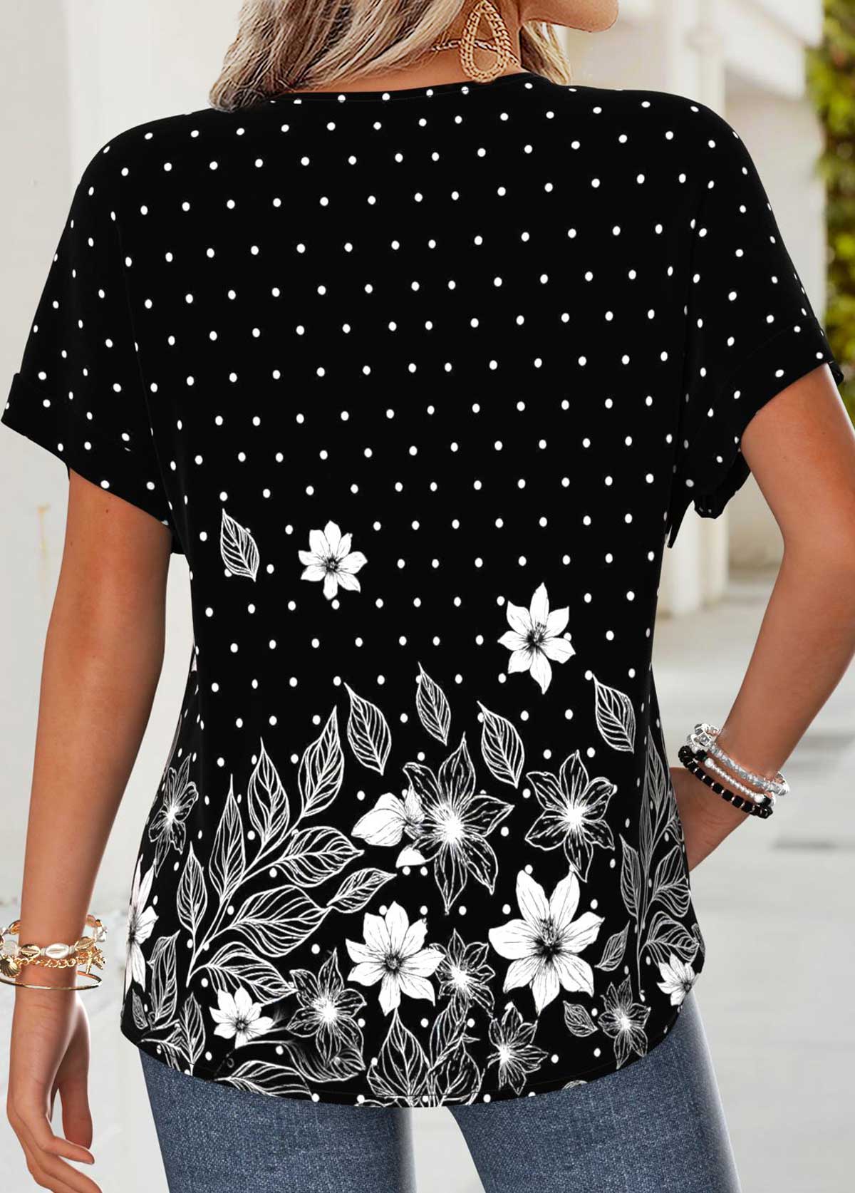 Black Floral Print Tummy Coverage Short Sleeve T Shirt | picture 