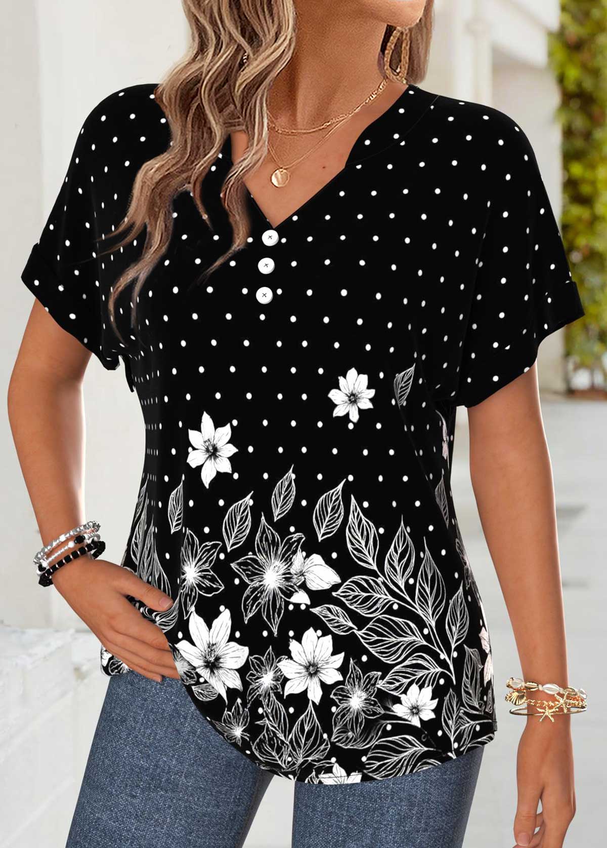 Black Floral Print Tummy Coverage Short Sleeve T Shirt | picture 