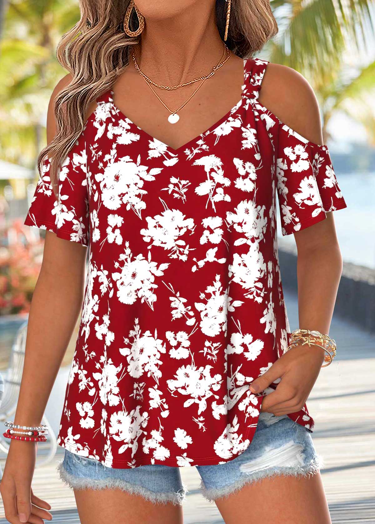 Wine Red Floral Print Twist Short Sleeve T Shirt | picture 