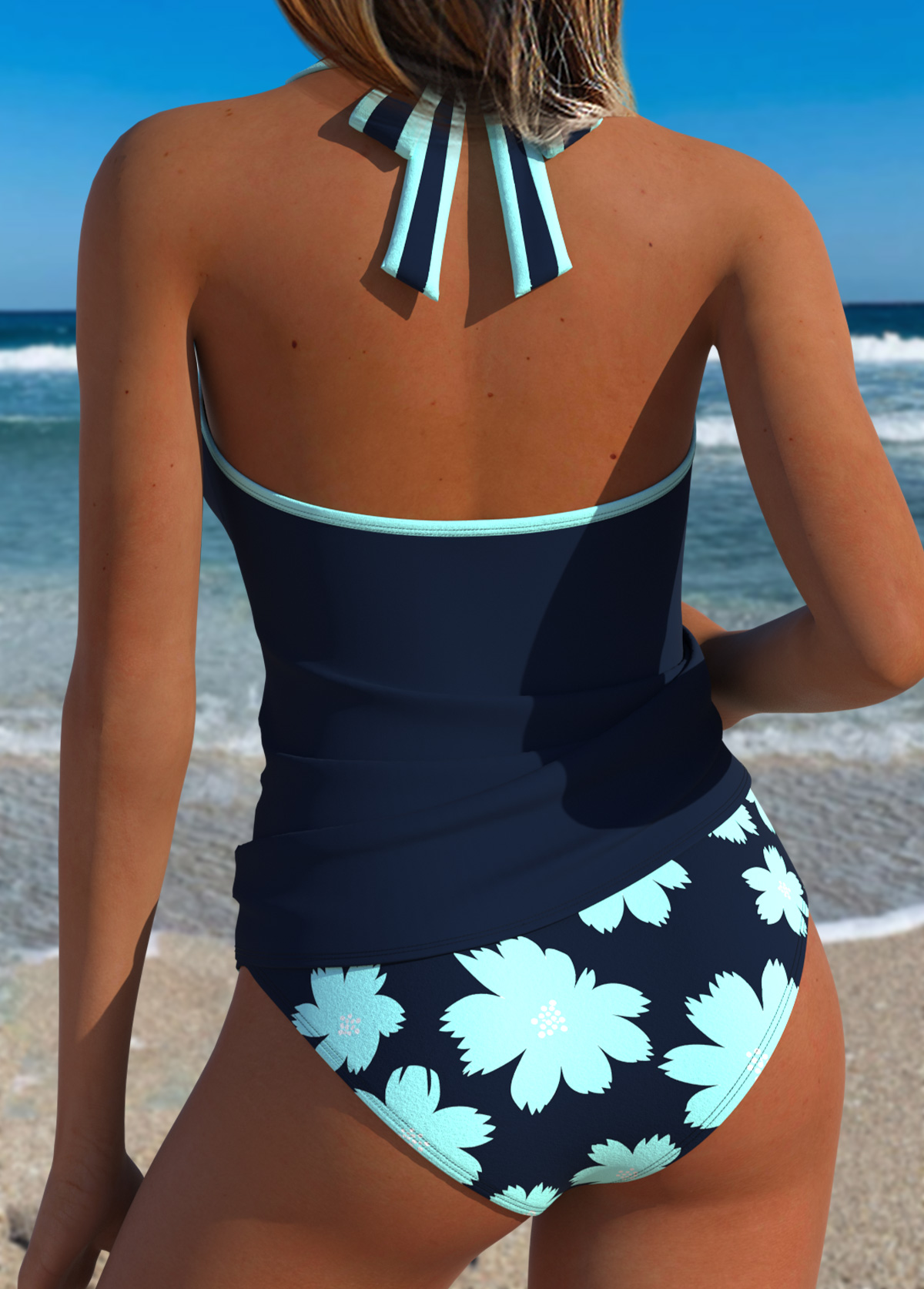 Navy Mid Waisted Two-piece Floral Print Tankini Set | picture 
