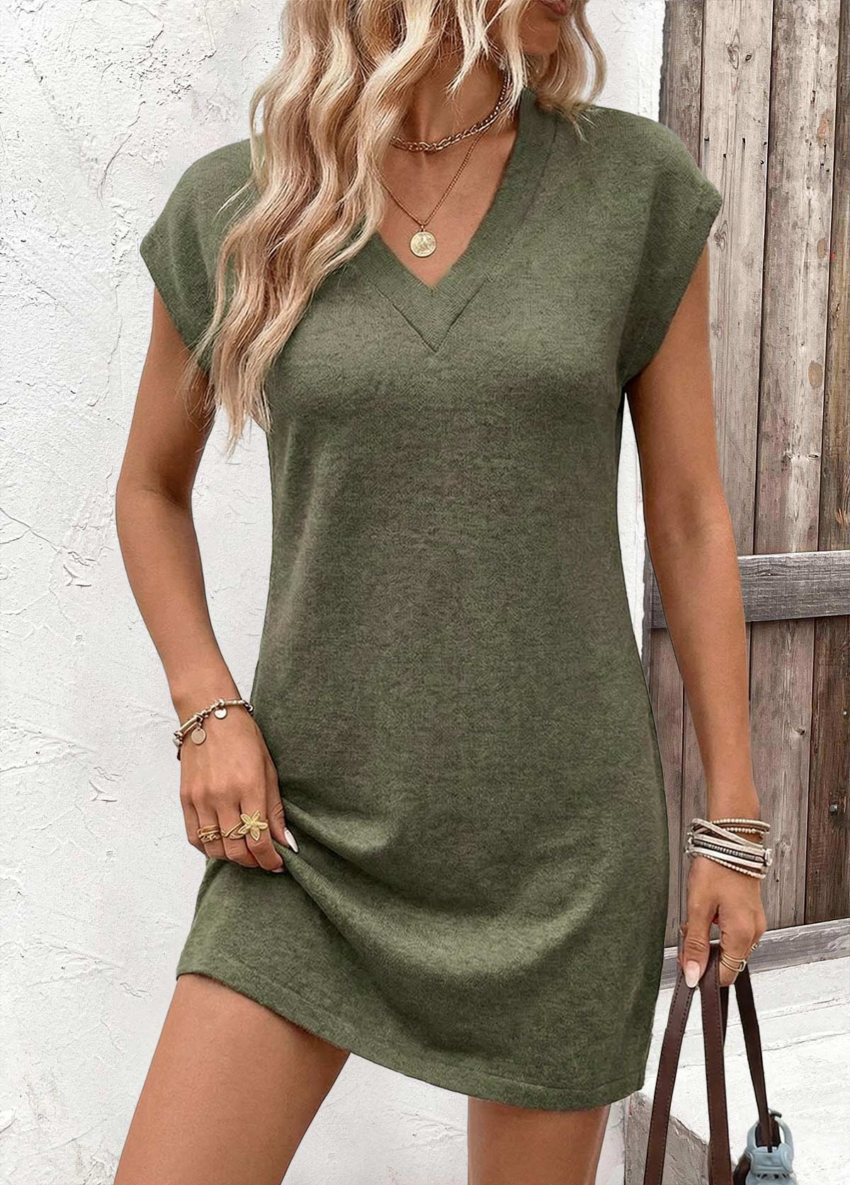 Sage Green Short Tummy Coverage V Neck Dress | picture 