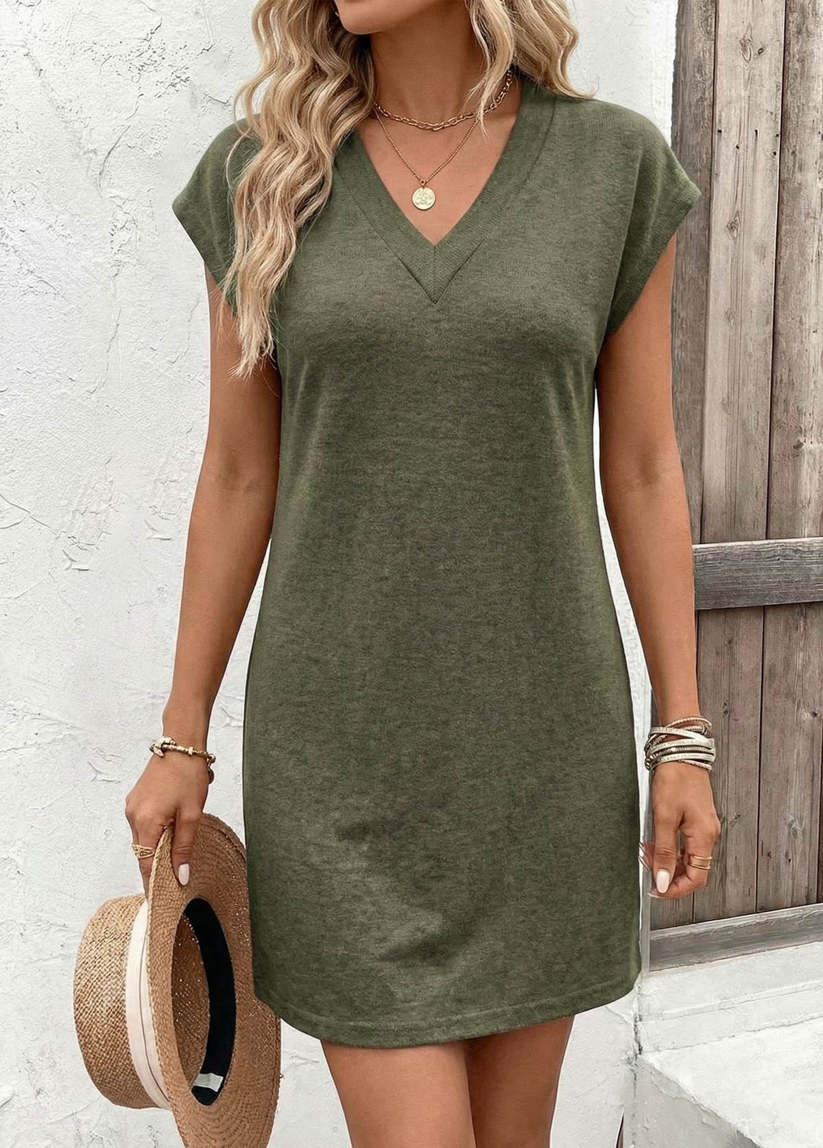 Sage Green Short Tummy Coverage V Neck Dress | picture 