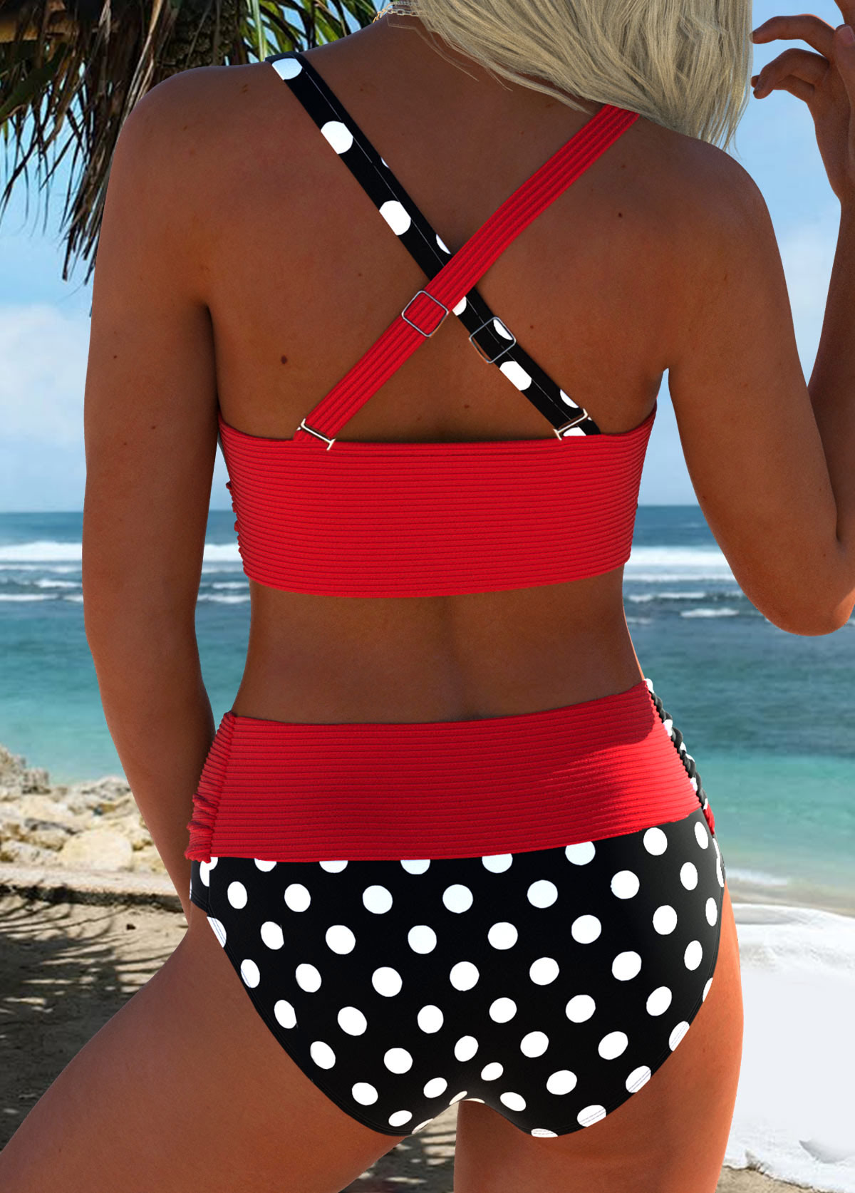 Red Mid Waisted Surplice Polka Dot Bikini Set | picture 