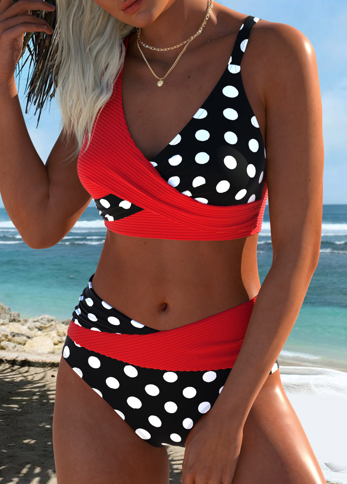 Red Mid Waisted Surplice Polka Dot Bikini Set | picture 