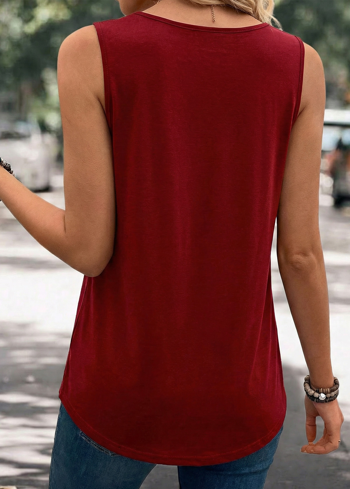 Wine Red Patchwork Sleeveless Scoop Neck Tank Top | picture 